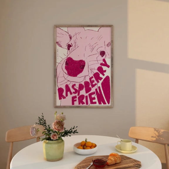 Raspberry Friend Art Print Poster, Vintage Print, Trendy Retro Print, Cow Raspberry Illustration Mid Century Print, Modern Kitchen Wall Art UNFRAMED PAPER POSTER, Home Decor, Vintage Gift