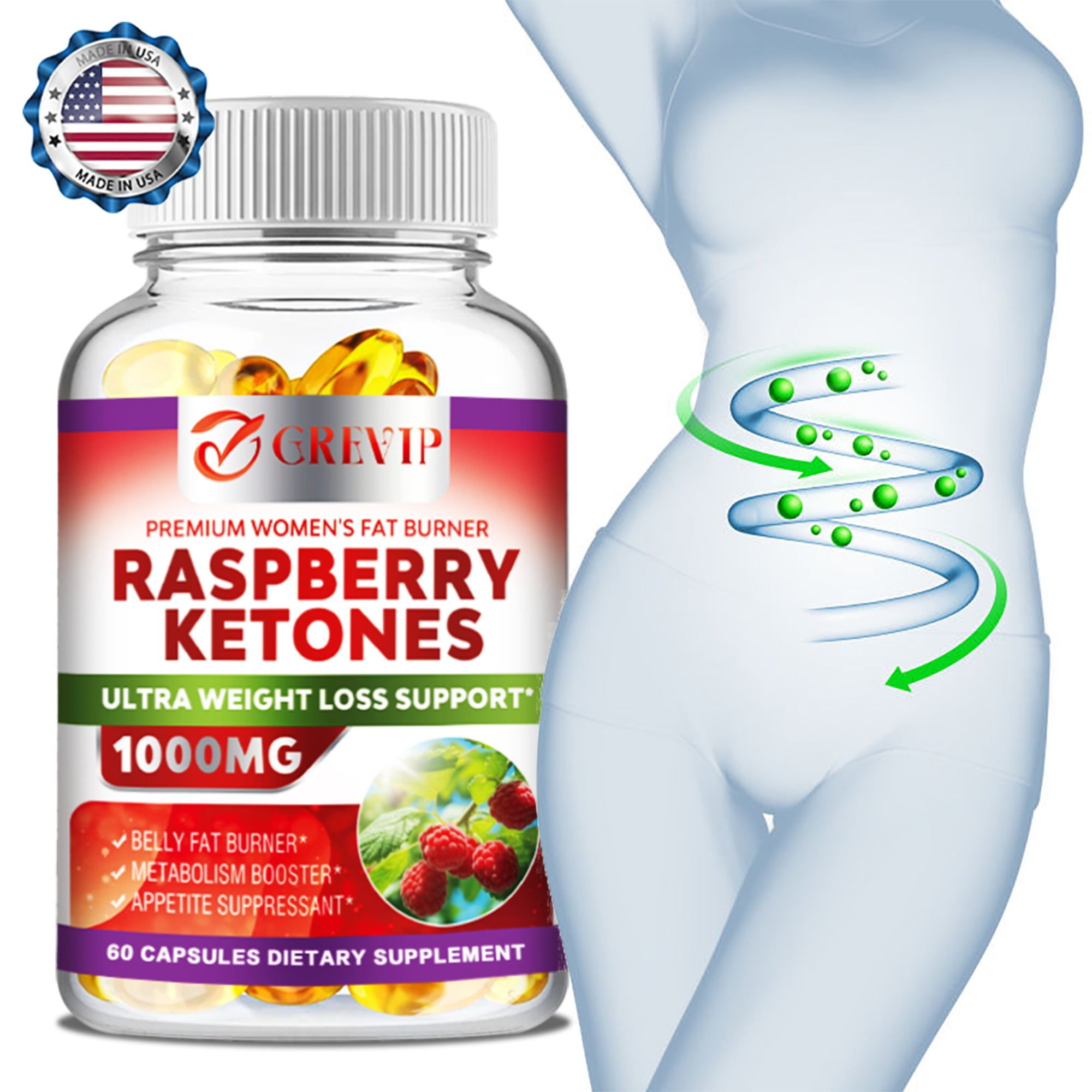 Raspberry Ketones 1000mg - Weight Loss Support, Suppress Appetite, Liver Detox - 60 Capsules