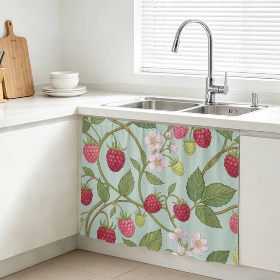 Raspberry Leaves Cabinet Curtains for Kitchen 10"W x 11"L, Watercolor Red Pink Fruit Floral Mint Green Under Sink Skirt Magic Tape Short Curtain Decorative Privacy Panel for Bathroom Laundry