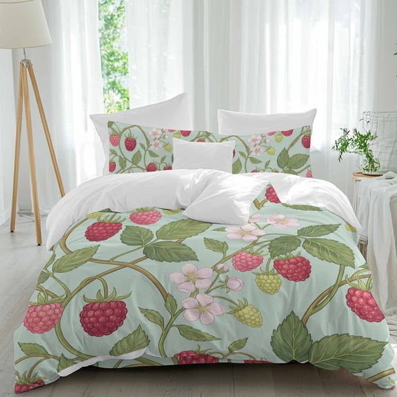 Raspberry Leaves Comforter Set Queen Size, Watercolor Red Pink Fruit Floral Mint Green Soft Bedding Set for Man Woman, 4 Pieces Duvet Cover Set with Fitted Sheet, 2 Pillowcases