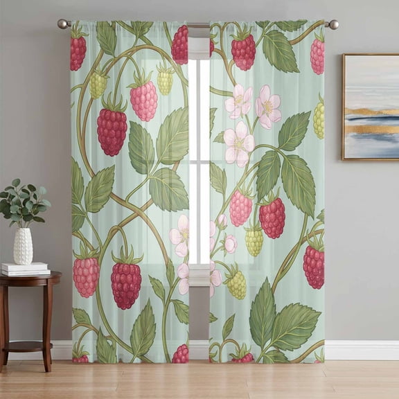 Raspberry Leaves Sheer Curtains for Living Room Bedroom, Watercolor Red Pink Fruit Floral Mint Green Light Filtering Sheer Curtain Rod Pocket Voile Window Treaments Drapes, 52 x 108 Inches