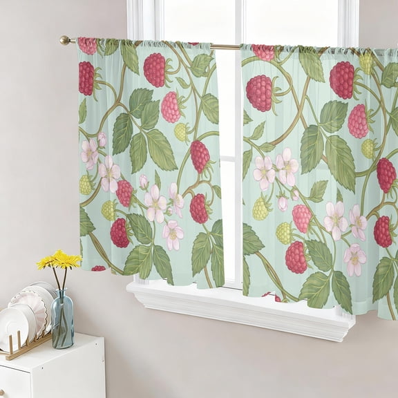 Raspberry Leaves Sheer Curtains for Living Room Bedroom, Watercolor Red Pink Fruit Floral Mint Green Light Filtering Sheer Curtain Rod Pocket Voile Window Treaments Drapes, 52 x 54 Inches