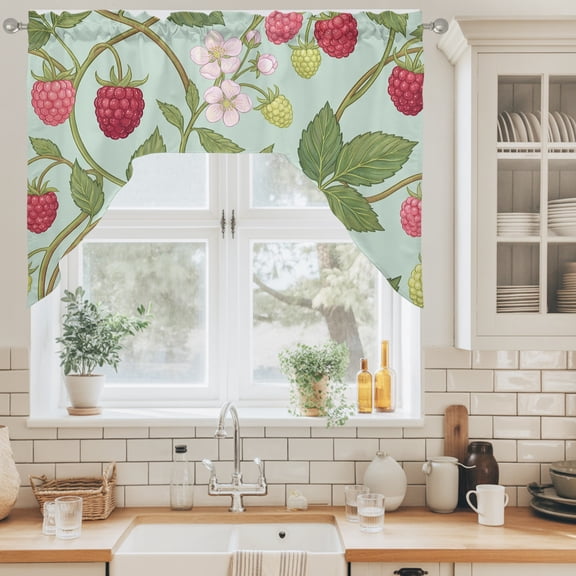 Raspberry Leaves Swag Curtain Valance for Windows, Watercolor Red Pink Fruit Floral Mint Green Swag Curtains Drapes Rod Pocket for Kitchen Bathroom Small Window, 1 Panel 56x36in