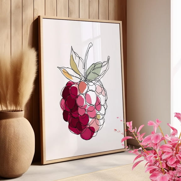 Raspberry Line Art Wall Art Minimal Fruit Decor, Stretched Canvas Size 8x12