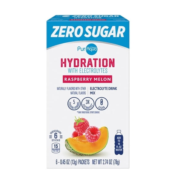 Raspberry Melon Flavored Sugar Free Hydration Drink Mix Sticks, PurAqua, 6 Sticks, Pack of 1