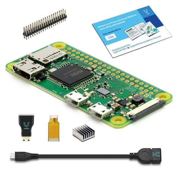 Raspberry Pi Zero W with Vilros Adapters & Quickstart E-Book Download Code-includes USB OTG Adapter, HDMI Adapter, Camera Module Adapter, 40 Pin Header, Heatsink & Vilros Pi Zero Quickstart Ebook