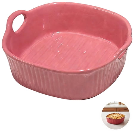 Raspberry Red Ceramic Baking Dish, 7.3x6.7" Oven/Microwave/Air Fryer Safe Lasagna Pan with Dual Handles, Non-Stick Ribbed Bottom, 650ml, Versatile for Roasting & Toasting