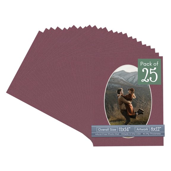 Raspberry Red Picture Frame Mat for 11x14 Frames - Oval Opening for 8x12 Photos - 25 Mats