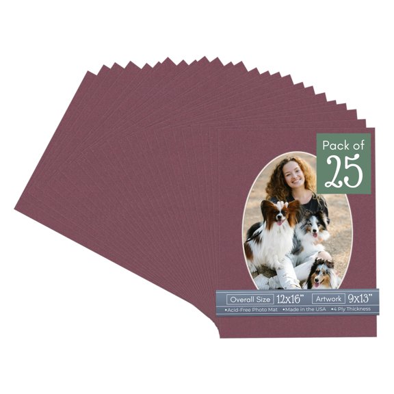 Raspberry Red Picture Frame Mat for 12x16 Frames - Oval Opening for 9x13 Photos - 25 Mats