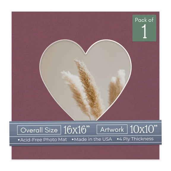 Raspberry Red Picture Frame Mat for 16x16 Frames - Heart Opening for 10x10 Photos - 1 Mat