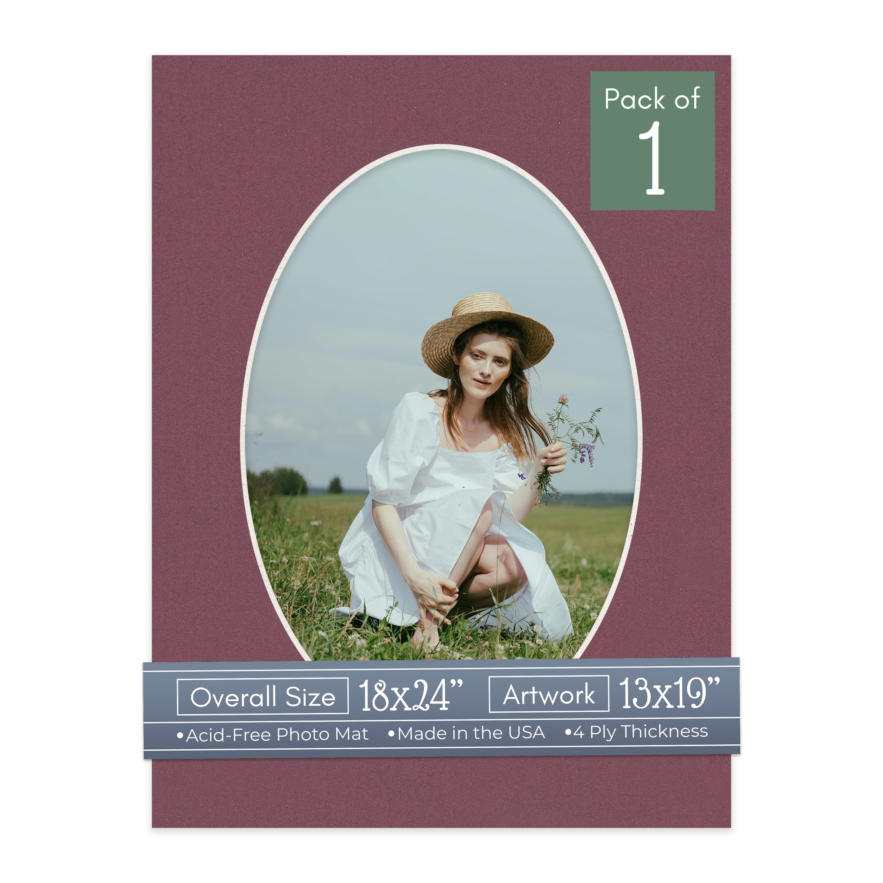 Raspberry Red Picture Frame Mat for 18x24 Frames - Oval Opening for 13x19 Photos - 1 Mat