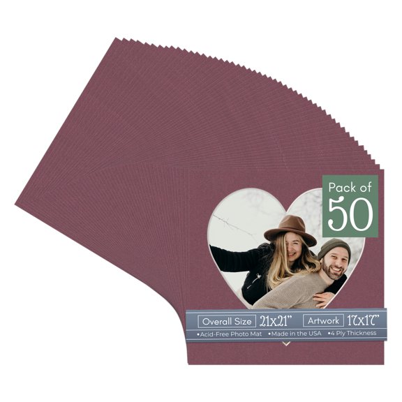 Raspberry Red Picture Frame Mat for 21x21 Frames - Heart Opening for 17x17 Photos - 50 Mats