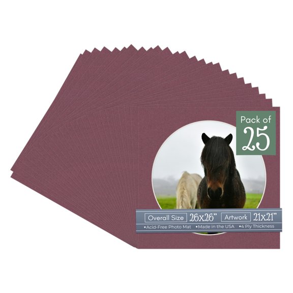 Raspberry Red Picture Frame Mat for 26x26 Frames - Circle Opening for 21x21 Photos - 25 Mats
