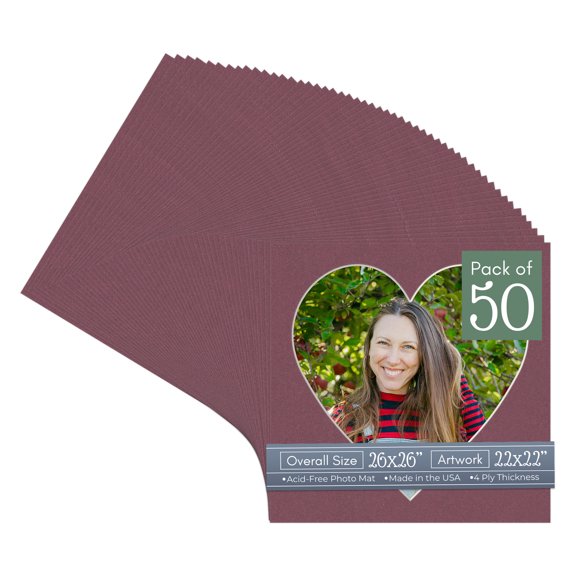 Raspberry Red Picture Frame Mat for 26x26 Frames - Heart Opening for 22x22 Photos - 50 Mats