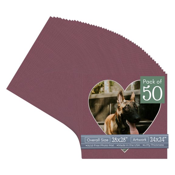 Raspberry Red Picture Frame Mat for 28x28 Frames - Heart Opening for 24x24 Photos - 50 Mats
