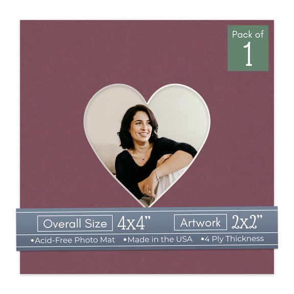 Raspberry Red Picture Frame Mat for 4x4 Inch Frames - Heart Opening for 2x2 Photos - 1 Mat