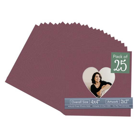 Raspberry Red Picture Frame Mat for 4x4 Inch Frames - Heart Opening for 2x2 Photos - 25 Mats