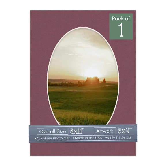 Raspberry Red Picture Frame Mat for 8x11 Frames - Oval Opening for 6x9 Photos - 1 Mat
