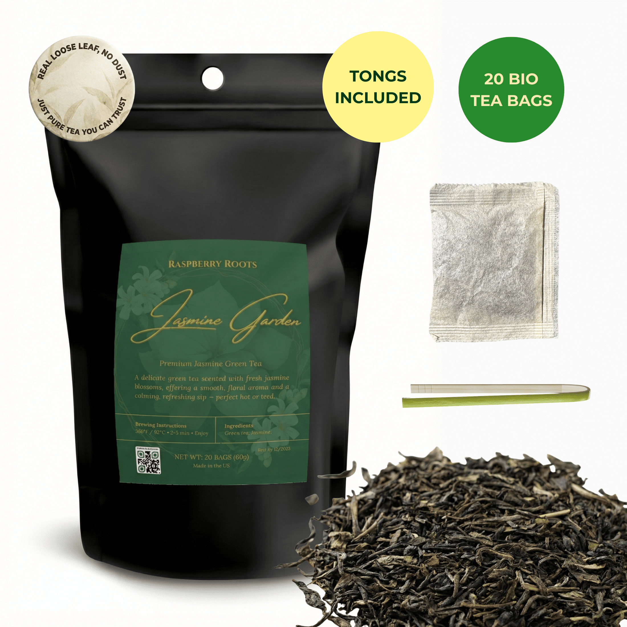Raspberry Roots Jasmine Green Tea Loose Leaf - Jasmine Tea Bags for Hot ...