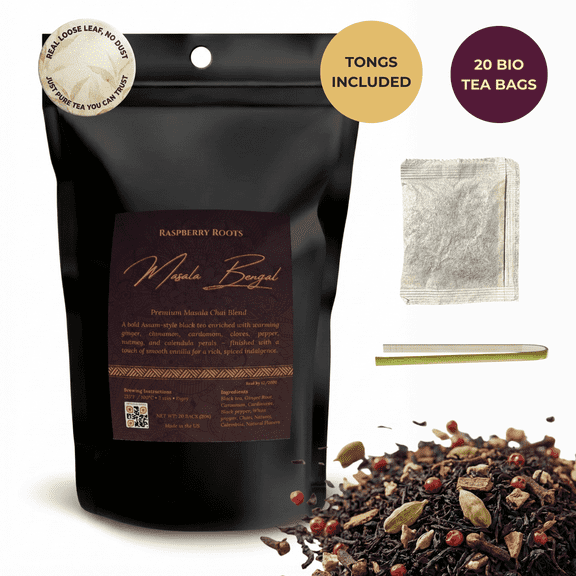 Masala Bengal Chai Black Loose Leaf Tea, 20 Eco Tea Bags with Bamboo Tongs