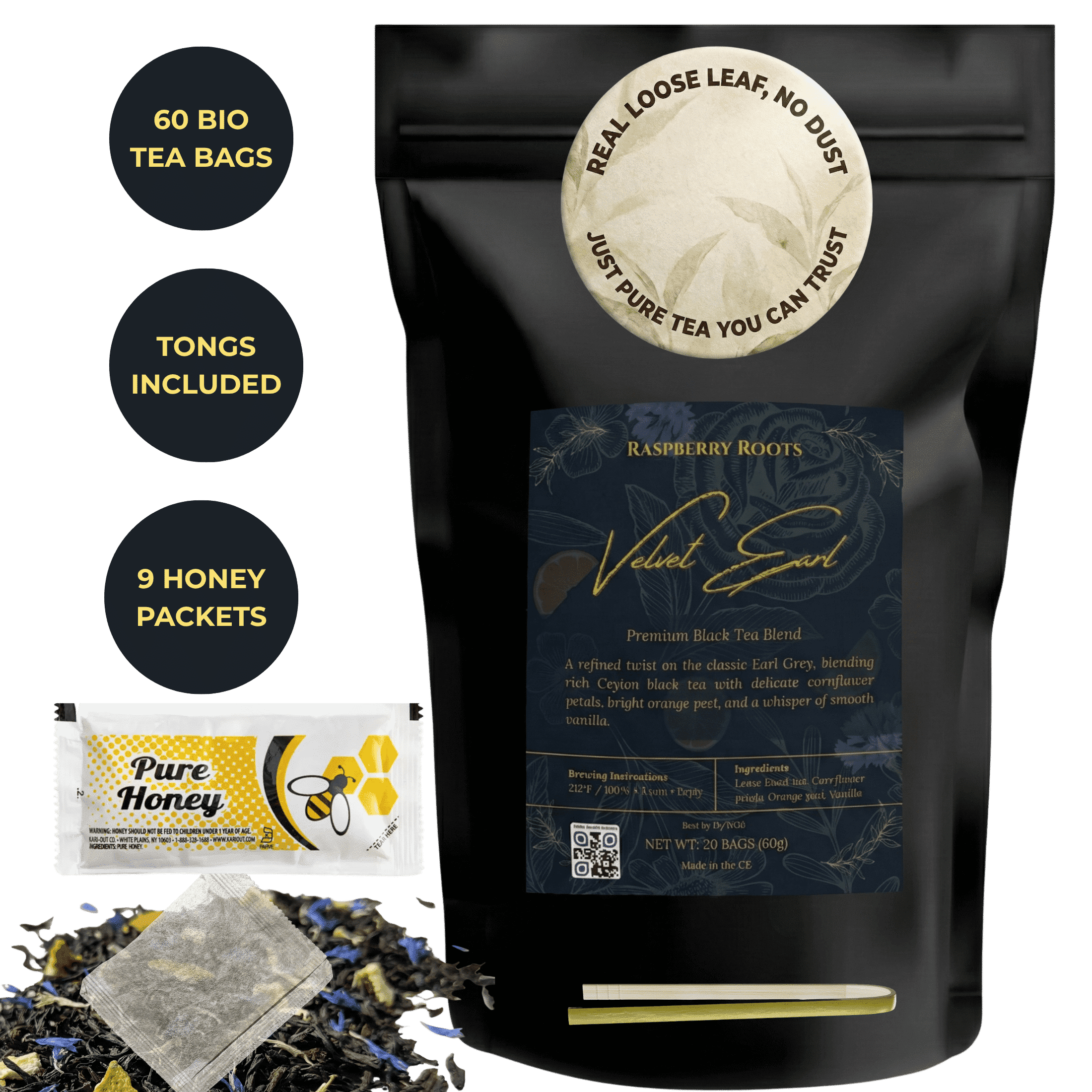 Raspberry Roots Velvet Earl Grey Tea Bags, 60 Count (3 pack) with Honey & Bamboo Tongs, Ceylon Black Tea with Bergamot