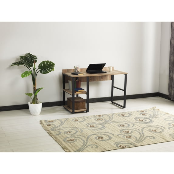 Rasse Black Metal Frame 58" Wooden Top 2 Shelves Writing and Computer Desk for Home Office, Oak