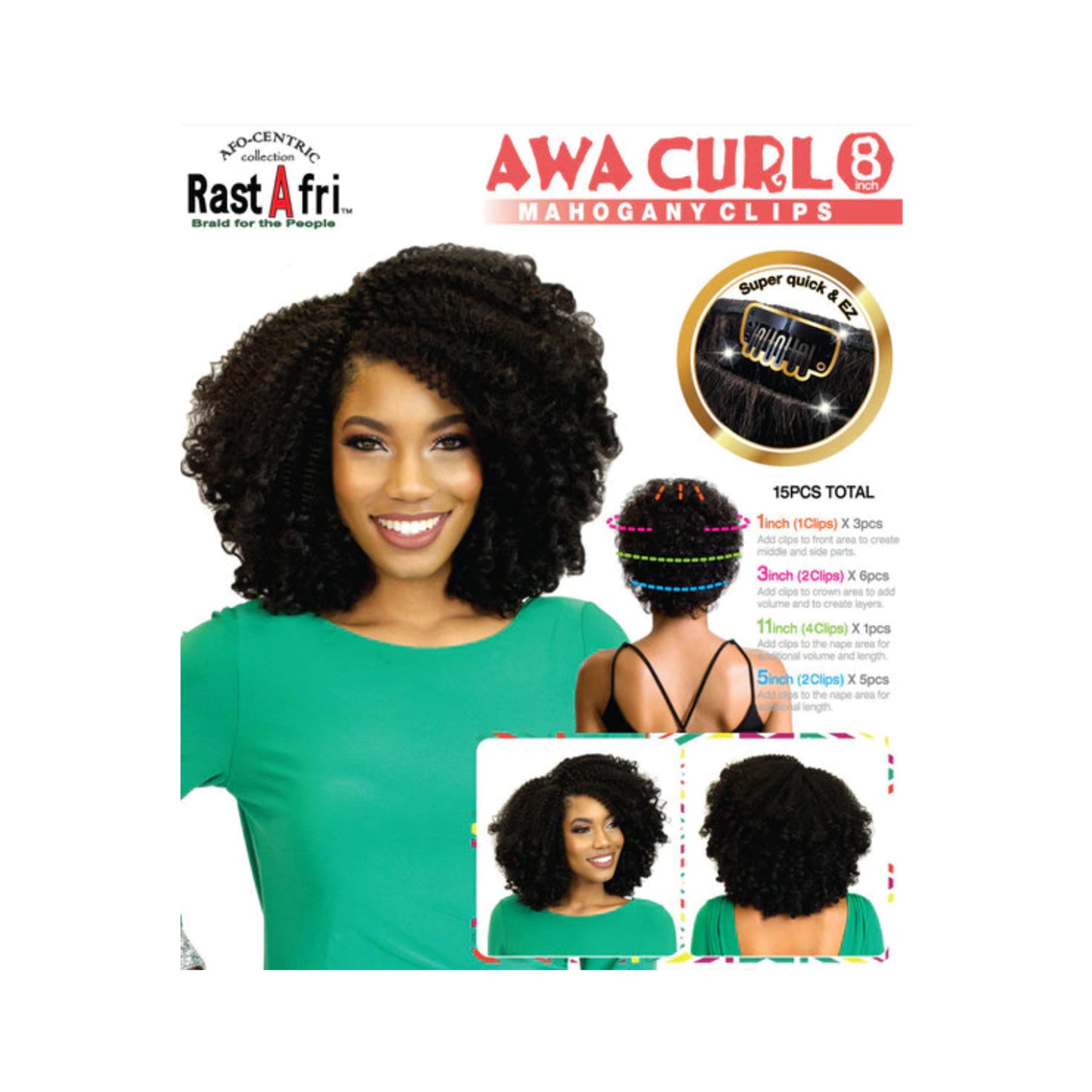 RastAfri Awa Curl 8" 15 pc Clip-On Hair Extensions, 1B