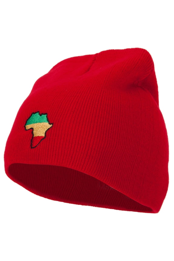 Rasta Africa Map Embroidered 8 Inch Knitted Short Beanie - Red OSFM