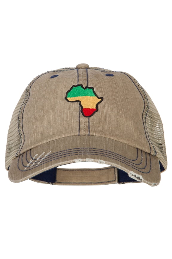 Rasta Africa Map Embroidered Low Profile Cotton Mesh Cap - Khaki OSFM