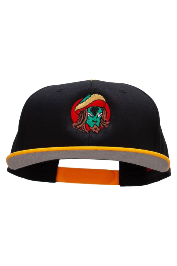 Rasta Alien Embroidered Two Tone Superior Cotton Twill Flat Bill Snapback Cap - Gold Black OSFM