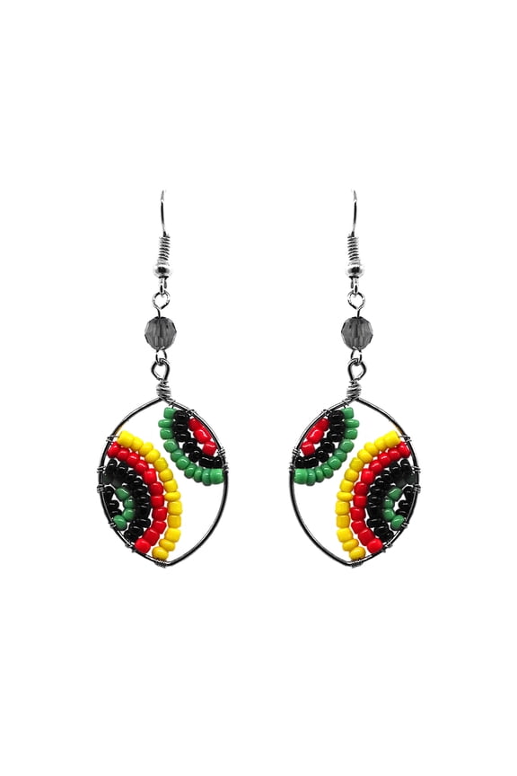 Rasta Beaded Ellipse Silver Metal Striped Seed Bead Dangle Earrings - Womens Fashion Handmade Jewelry Boho Accessories