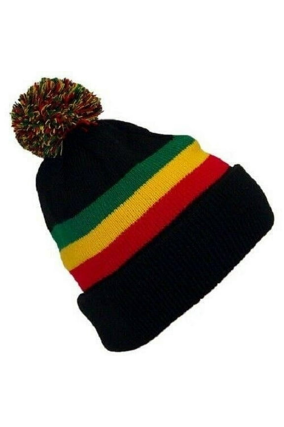 Rasta Beanie Hat Black Winter Cuffed Pom Jamaican Reggae Warm Knit Cap - New with box/tags