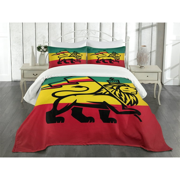 Rasta Bedspread Set Queen Size Judah Lion with a Rastafari Flag King Jungle Reggae Theme Art Print Quilted 3 Piece Decor Coverlet Set with 2 Pillow