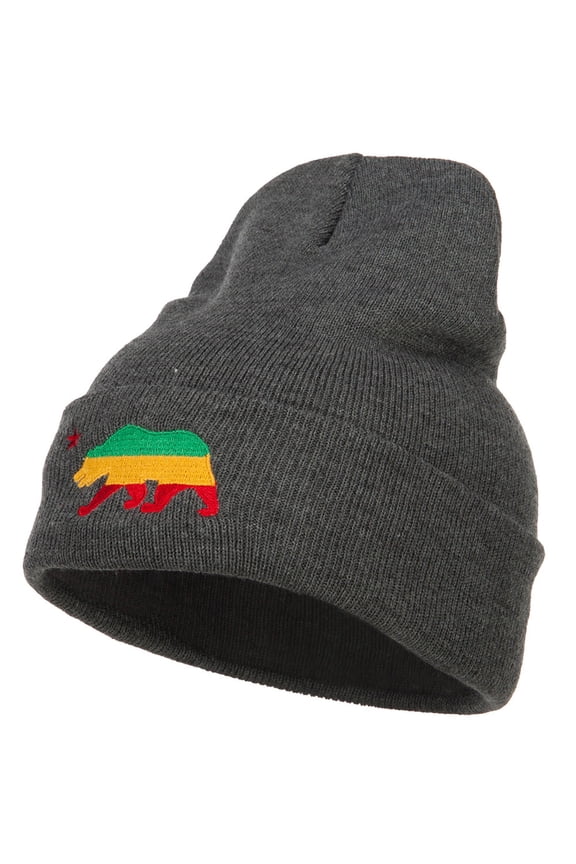 Rasta Cali Bear Embroidered Long Beanie - Dk Grey OSFM