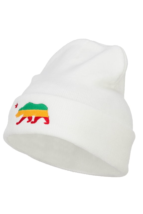 Rasta Cali Bear Embroidered Long Beanie - White OSFM