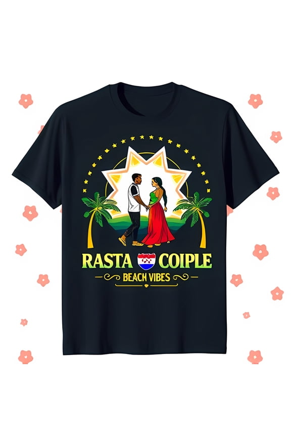 Rasta Couple Graphic Black T-Shirt Tropical Beach Vibes Design