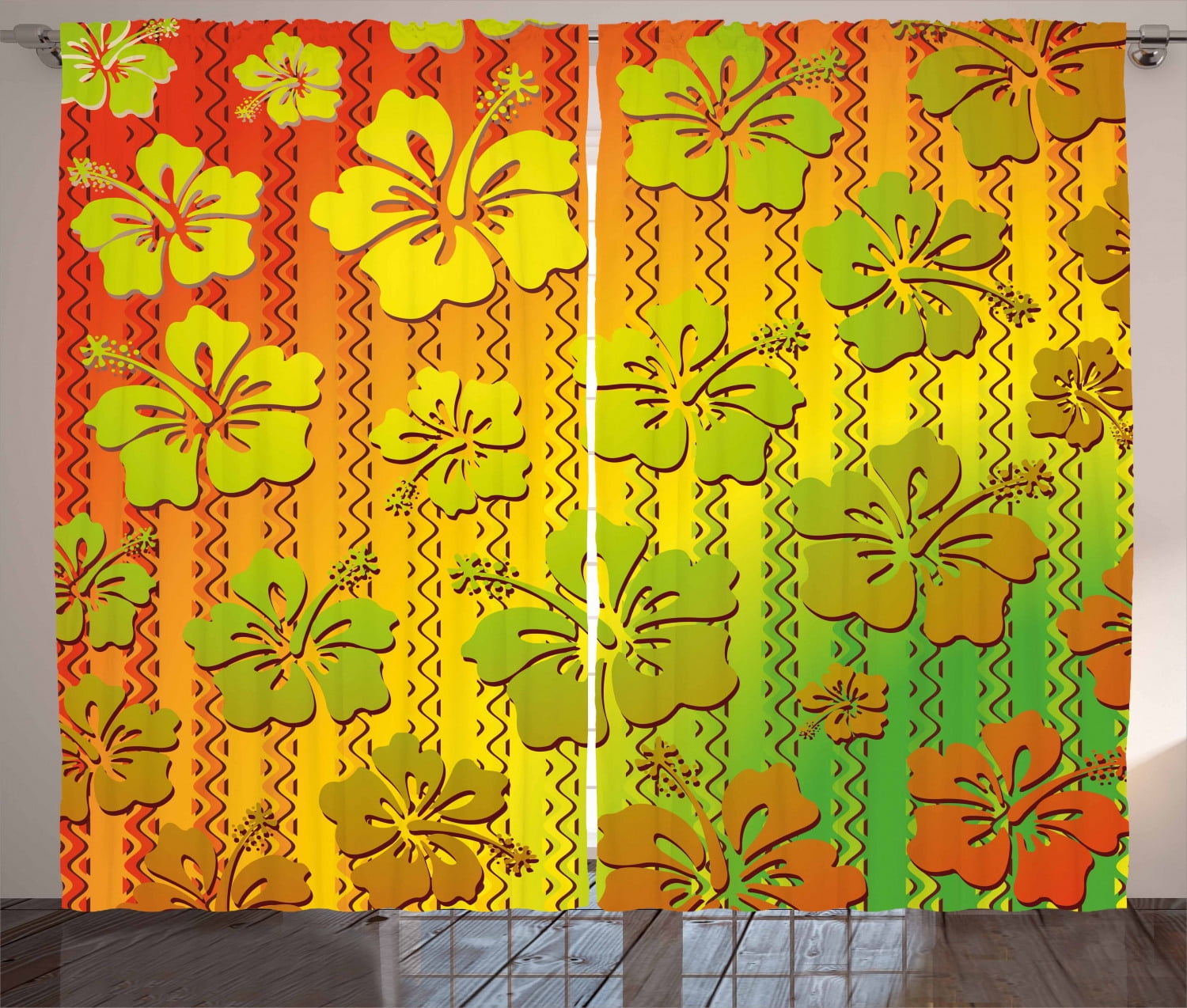 Rasta Curtains 2 Panels Set, Hibiscus Exotic Jamaican Island Flower