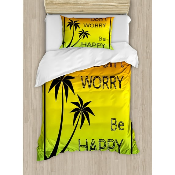 Rasta Duvet Cover Set, Dont Worry Be Happy Music Words of Iconic Singer Palms Ombre Colors, Decorative 2 Piece Bedding Set with 1 Pillow Shams, Twin Size, Lime Green Yellow Black, by Ambesonne