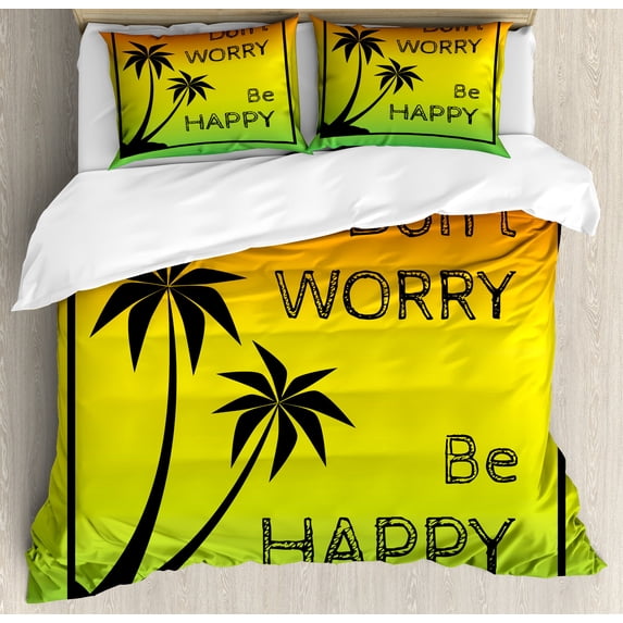 Rasta Duvet Cover Set, Dont Worry Be Happy Music Words of Iconic Singer Palms Ombre Colors, Decorative 3 Piece Bedding Set with 2 Pillow Shams, Queen Size, Lime Green Yellow Black, by Ambesonne