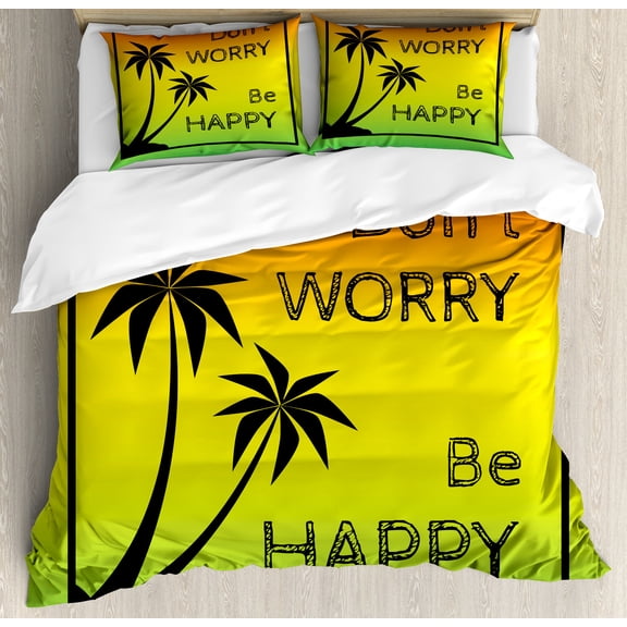 Rasta Duvet Cover Set, Dont Worry Be Happy Music Words of Iconic Singer Palms Ombre Colors, Decorative 3 Piece Bedding Set with 2 Pillow Shams, Calking Size, Lime Green Yellow Black, by Ambesonne