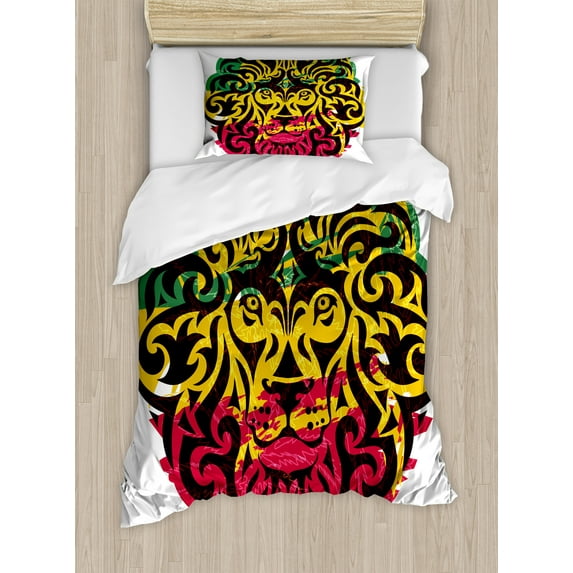 Rasta Duvet Cover Set, Ethiopian Culture Wild Lion Head Grunge Style Flag Colors, Decorative 2 Piece Bedding Set with 1 Pillow Shams, Twin Size, Marigold Brown, by Ambesonne