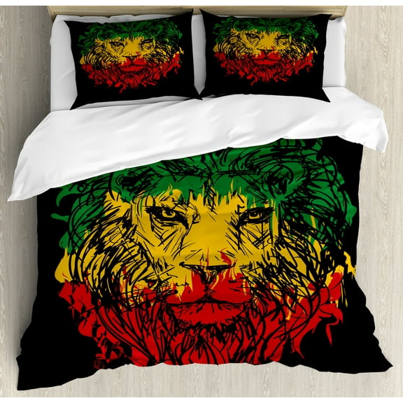 Rasta Duvet Cover Set, Ethiopian Flag Colors on Grunge Sketchy Lion Head with Black Backdrop, Decorative 3 Piece Bedding Set with 2 Pillow Shams, King Size, Lime Green, by Ambesonne