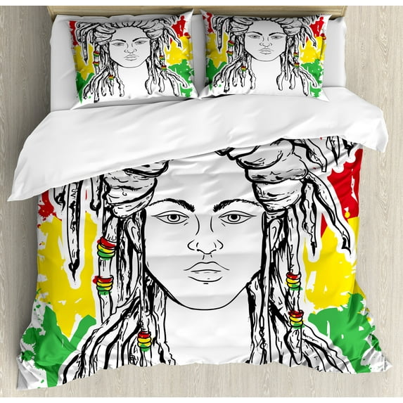 Rasta Duvet Cover Set, Grunge Ethiopian Flag Colors with a Black and White Sketchy Girl Image, Decorative 3 Piece Bedding Set with 2 Pillow Shams, Calking Size, Red Marigold and Green, by Ambesonne
