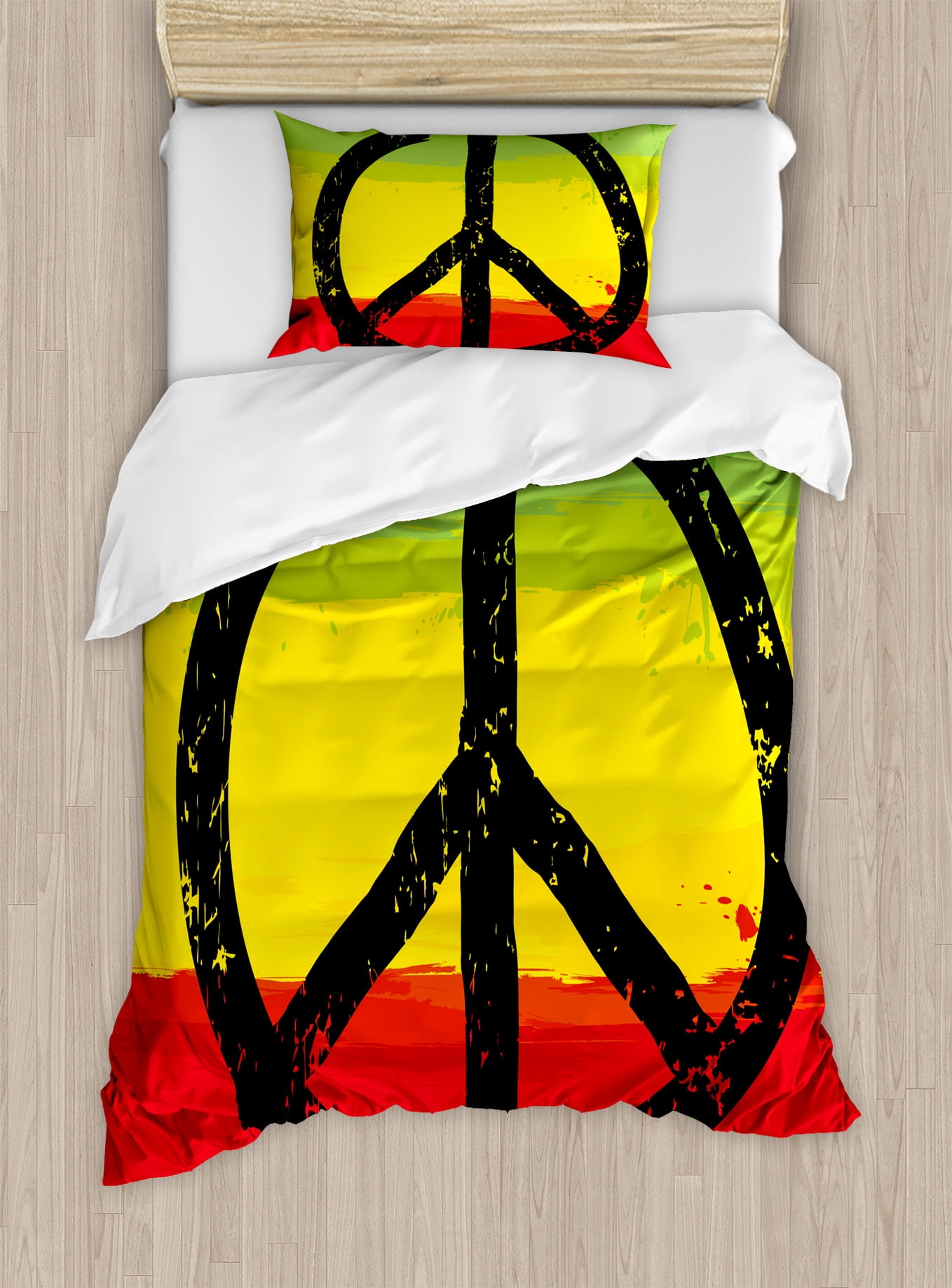 Twin Yellow Black Peace Sign Duvet Cover Set