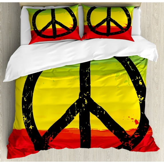 Rasta Duvet Cover Set, Grunge Style Watercolor Design Flag Colors Hippie Peace Sign, Decorative 3 Piece Bedding Set with 2 Pillow Shams, Queen Size, Yellow Black, by Ambesonne