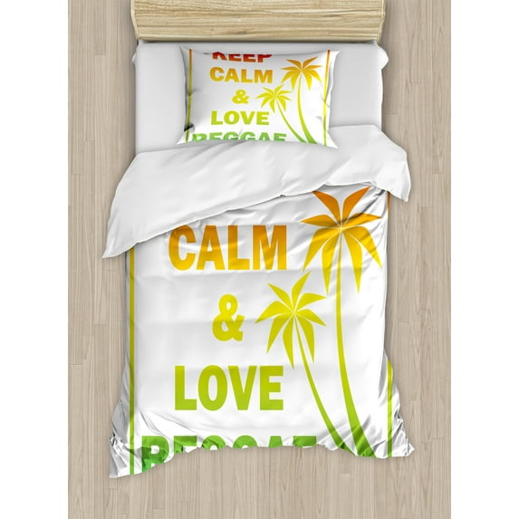 Rasta Duvet Cover Set, Keep Calm and Love Reggae Words in Ombre Rainbow Colors Music Themed, Decorative 2 Piece Bedding Set with 1 Pillow Shams, Twin Size, Pale Green Yellow, by Ambesonne