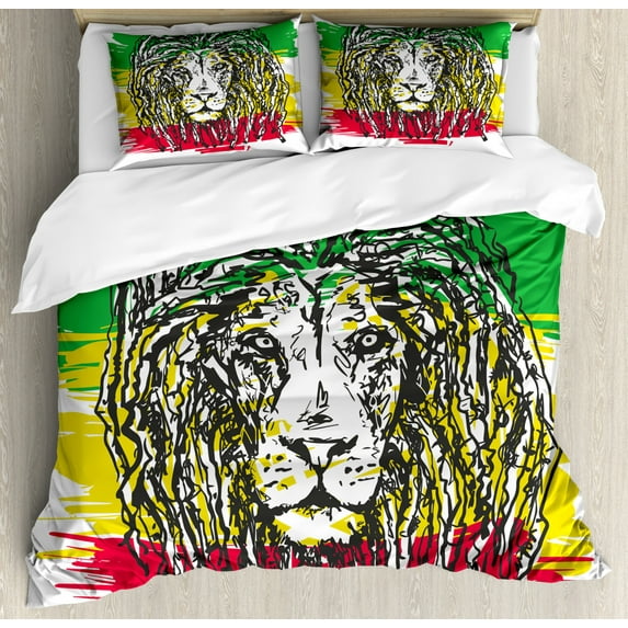 Rasta Duvet Cover Set Queen Size, Ethiopian African Culture Hair Style Lion Head Portrait Grunge Backdrop, Decorative 3 Piece Bedding Set with 2 Pillow Shams, Green Yellow and Red, by Ambesonne