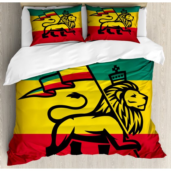 Rasta Duvet Cover Set Queen Size, Judah Lion with a Rastafari Flag King Jungle Reggae Theme Art Print, Decorative 3 Piece Bedding Set with 2 Pillow Shams, Black Green Yellow and Red, by Ambesonne