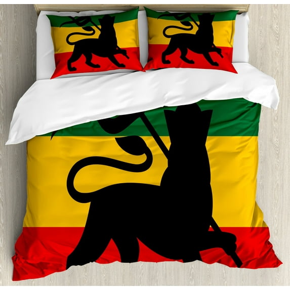 Rasta Duvet Cover Set Queen Size, Rastafarian Flag with Judah Lion Reggae Music Inspired Design Image, Decorative 3 Piece Bedding Set with 2 Pillow Shams, Black Red Green and Yellow, by Ambesonne