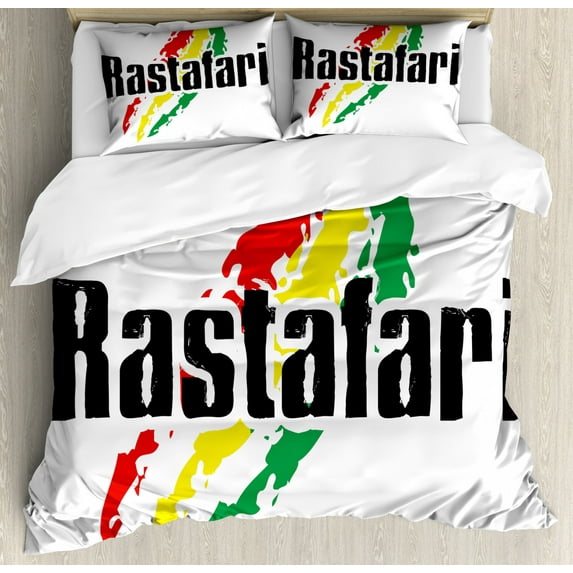Rasta Duvet Cover Set Queen Size, Reggae Rastafari Lettering on Grunge Design Flag Colors Backdrop Art Print, Decorative 3 Piece Bedding Set with 2 Pillow Shams, Red Green and Yellow, by Ambesonne